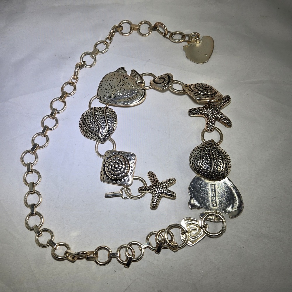 Vintage CHICO Chico's Womens Chain Belt Fish Ocean Seashell Silver Tone 36" Long